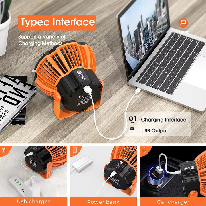 BowLift | Rechargeable Camping Fan with LED Light, Remote Control and Hanging Hook