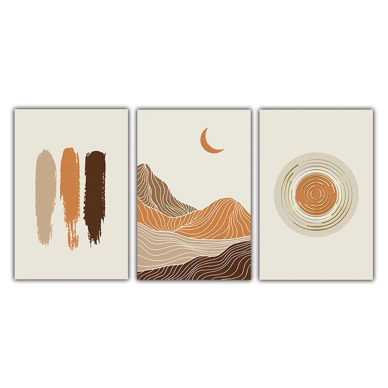Abstract Geometric Taupe Terracotta Landscape Sun Moon Wall Art Fine Art Canvas Prints Pictures For Living Room Bedroom Art Decor | Bowlift