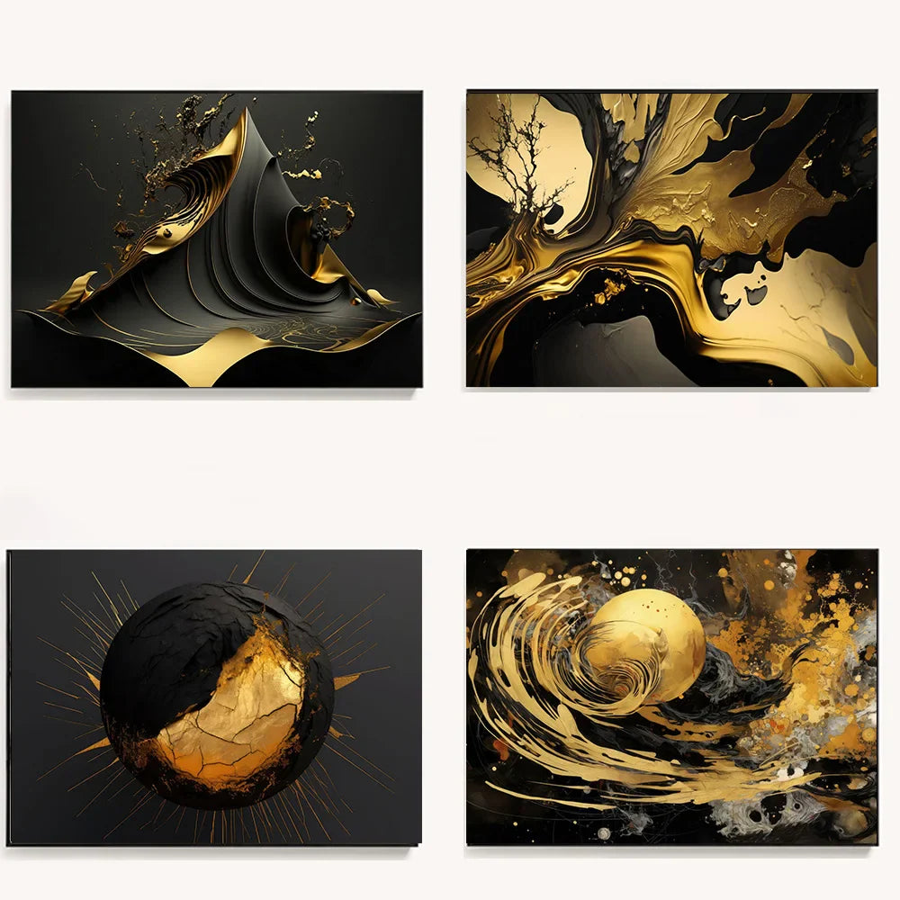 Modern Flowing Geometry Black Golden Abstract Wall Art Fine Art Canvas Prints Pictures For Living Room Dining Room Home Office Decor | Bowlift
