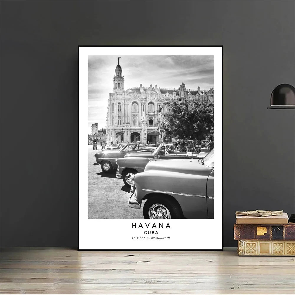 Cuba Havana Black & White Travel Poster Wall Art Fine Art Canvas Prints Pictures For Living Room Dining Room | Bowlift