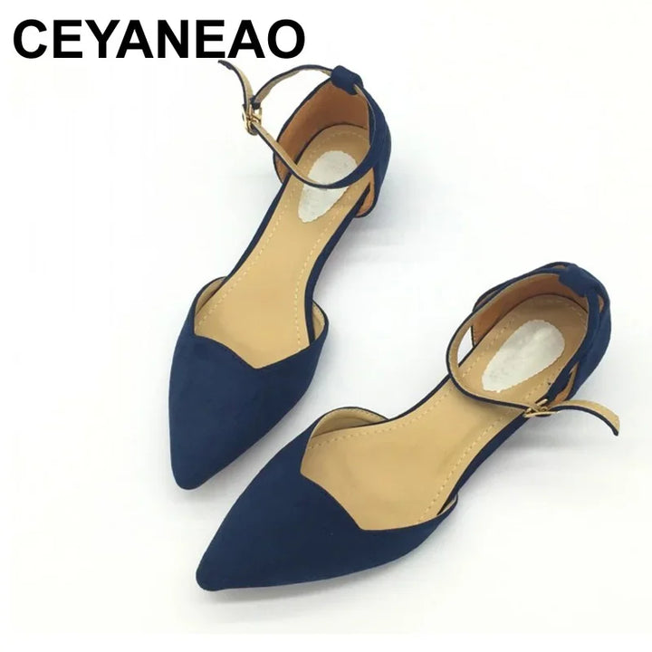 BowLift | Women's Buckle Straps Low Heels Pumps Pointed Toe Flock D'Orsay Heels Shoes Single Shoe Blue