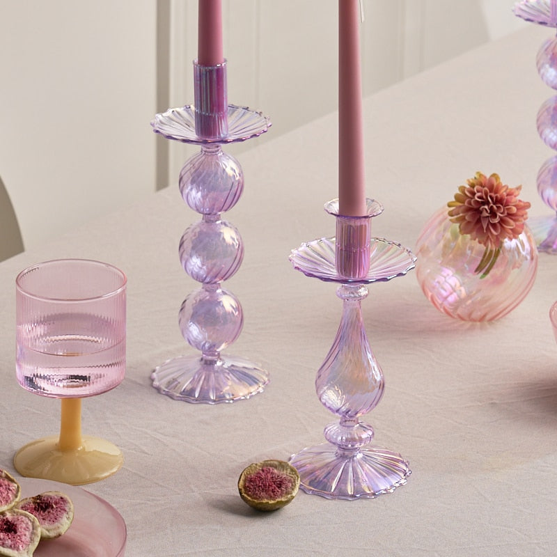 Ribbed Glass Candle Holders - Lilac | Bowlift