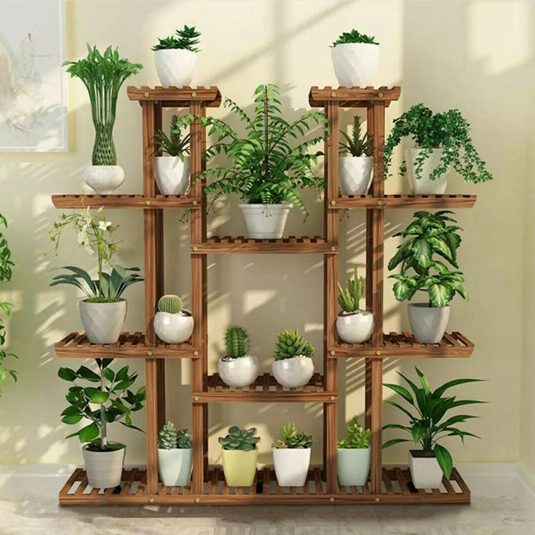 Large 11-tier Wooden Plant Shelf | Carbonized, Wide Flower Stand for Indoor & Outdoor | Bowlift
