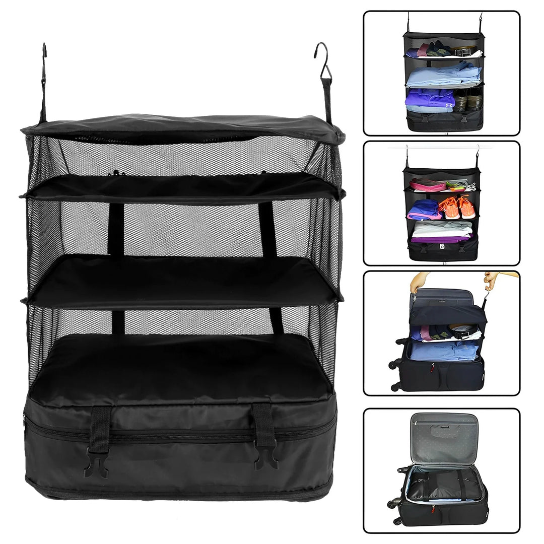 BowLift | Packelier Suitcase Organizer | Hanging Shelf for Travel | 3 Compartments | Foldable & Water-Resistant | Black