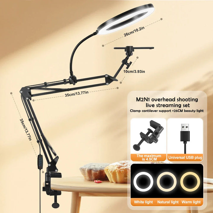 BowLift | LumiFlex LED ring light with flexible arm & phone holder | 3 light colors & USB connection | Perfect for livestream, video & selfie
