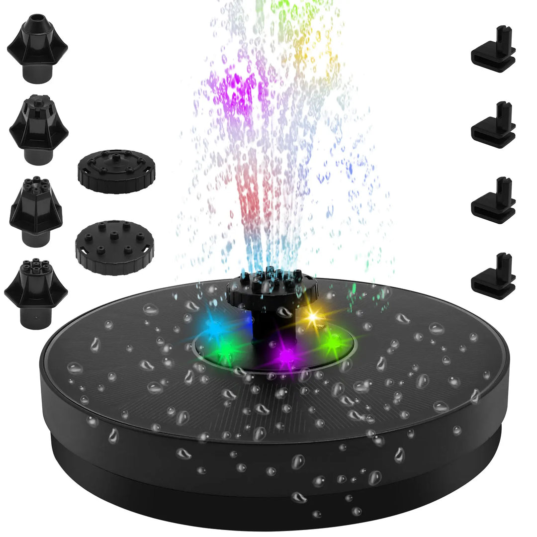 BowLift | AquaLume Solar Spring | 3W Solar Fountain with LED Color Play | Up to 60 cm Fountain Height | 7 Nozzle Attachments