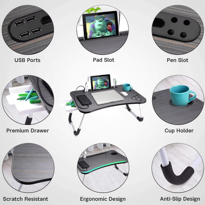 BowLift | Portable Folding Laptop Table with USB Light, Fan, and Cup Holder - 15.75" x 23.62"