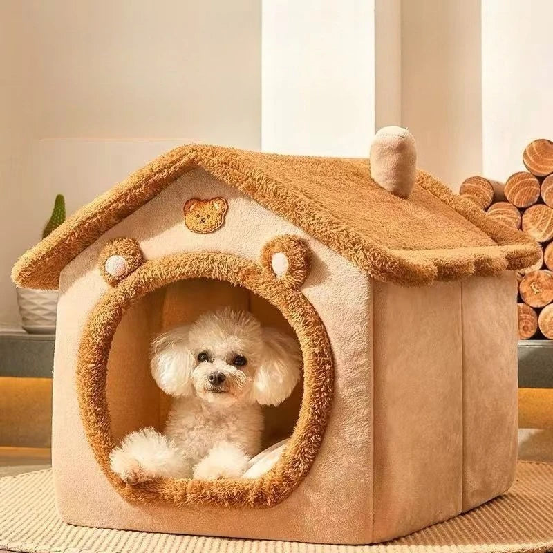 Plush Pet House with Roof & Anti-Slip Bottom Bowlift