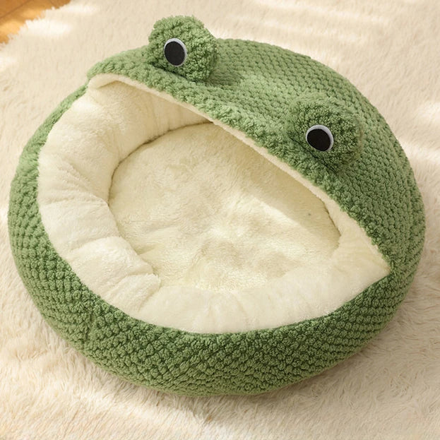 BowLift | Pet Cave FroggiHome | Plush Frog Design | Semi-Closed & Round | 40–50 cm | For Cats & Small Dogs