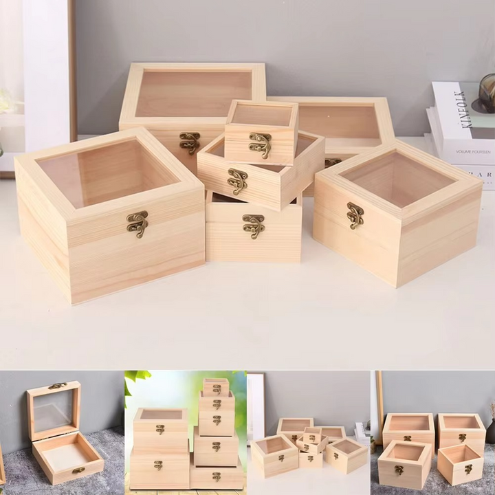 BowLift | Wooden Hinged Square Storage Box – Desktop Organizer and Jewelry Container