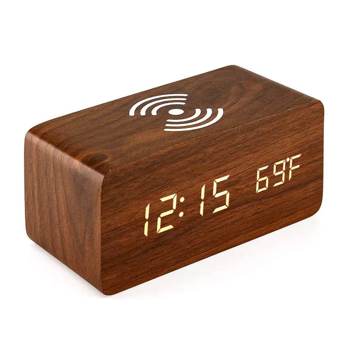 Minimalist LED wooden clock with temperature display, wireless charging function and digital time display – Ideal for bedroom and office | Bowlift