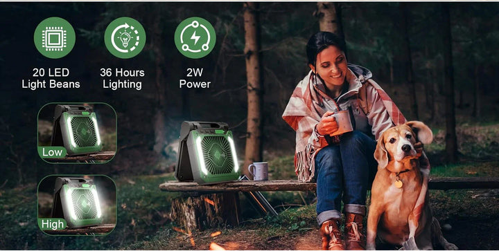20000mAh Portable Electric Fan with LED Light — USB, Solar & Car Charging for Camping | Bowlift