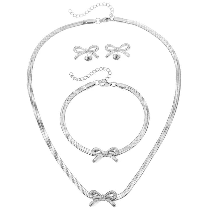 BowLift | Feminine Bow Herringbone Chain Necklace, Bracelet, and Earring Set