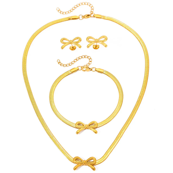 BowLift | Feminine Bow Herringbone Chain Necklace, Bracelet, and Earring Set