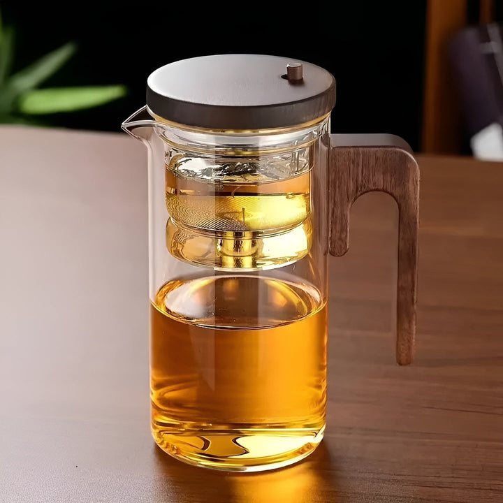 Glass teapot with wooden handle – One-click filter | Perfect for loose tea & Puer | Bowlift