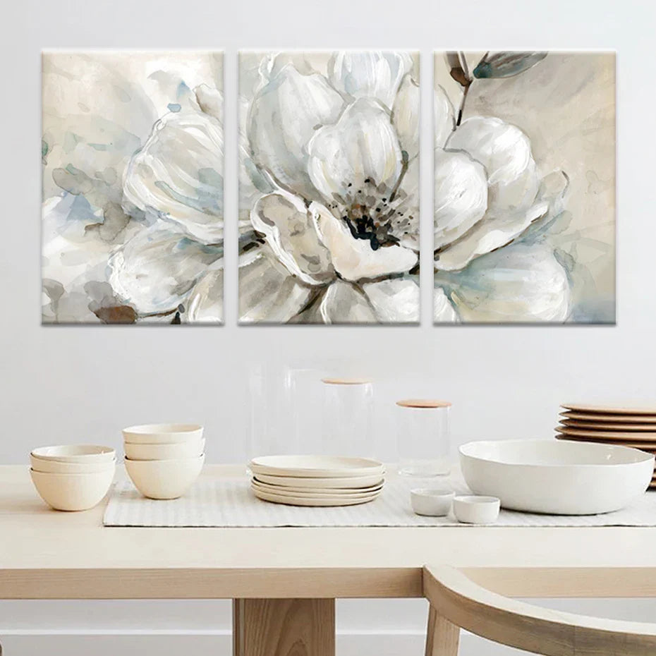 Big Beige White Floral Wall Art Fine Art Canvas Prints Modern Botanical Pictures For Living Room Dining Room Bedroom Art Decor | Bowlift