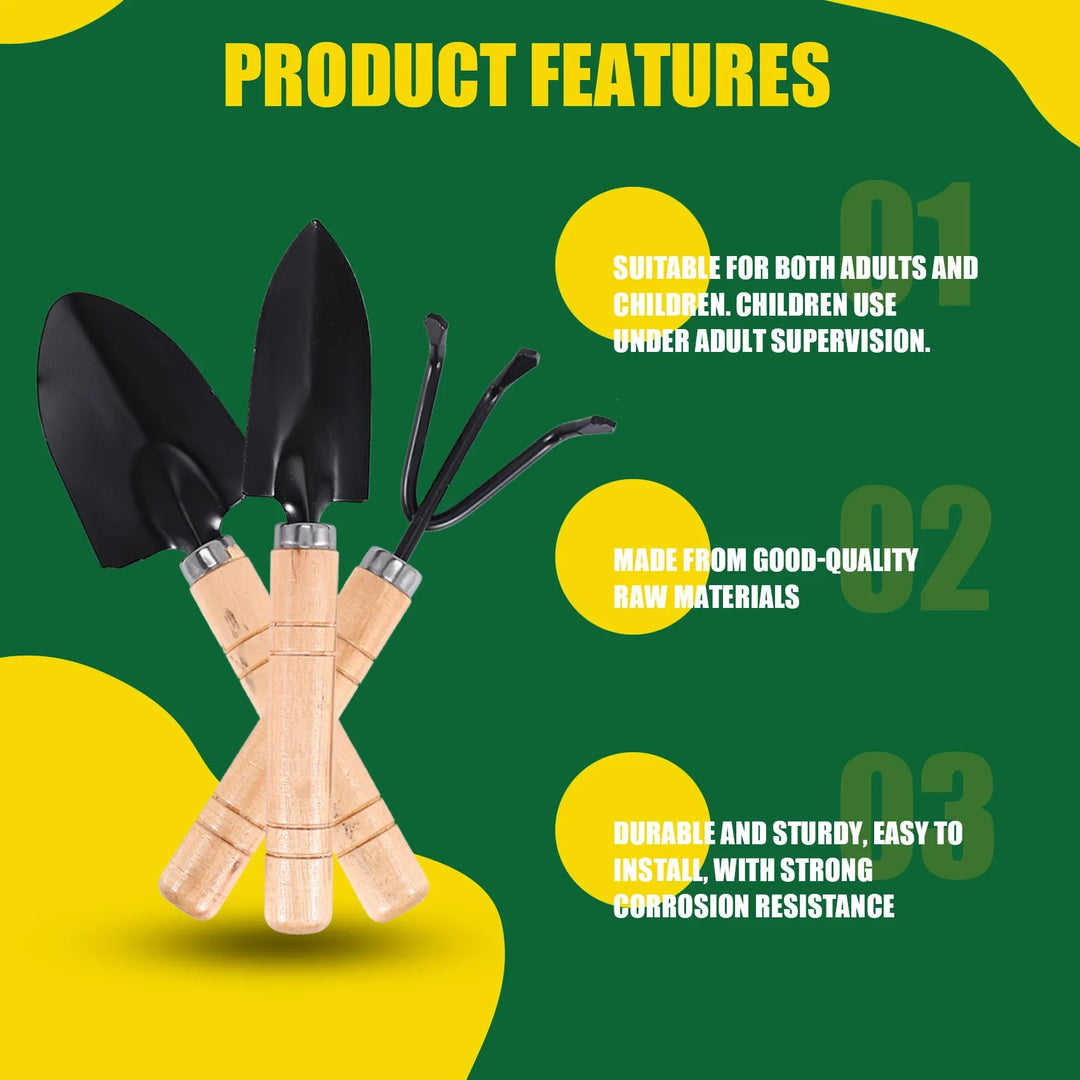 BowLift | Planturio Mini Garden Tool Set 3-piece | Spade, Shovel & Rake | Wooden Handle & Metal Head | For Bonsai & Houseplants
