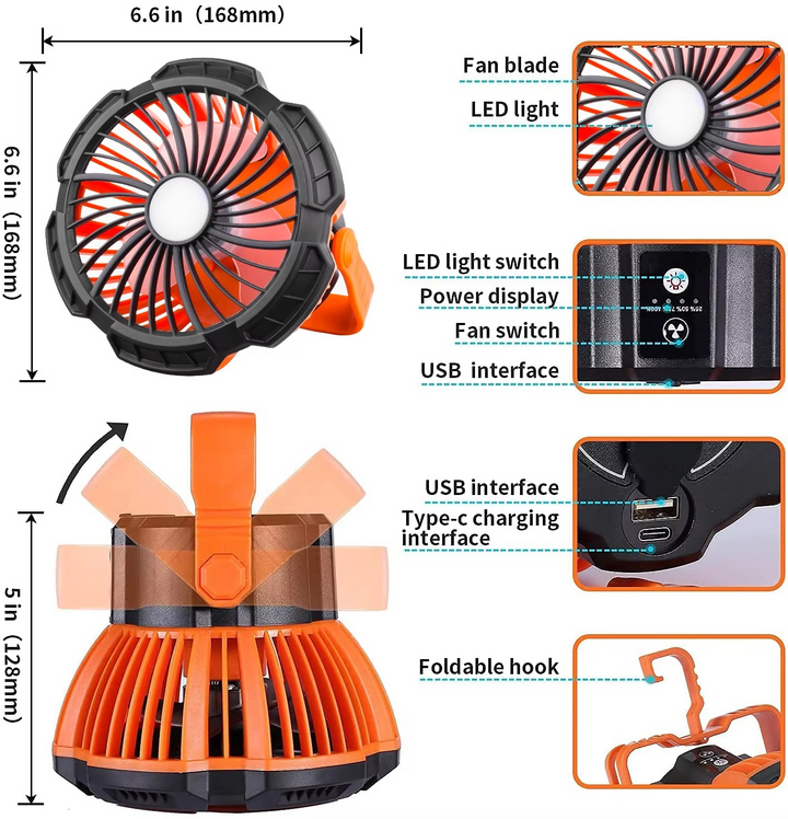 BowLift | Rechargeable Camping Fan with LED Light, Remote Control and Hanging Hook