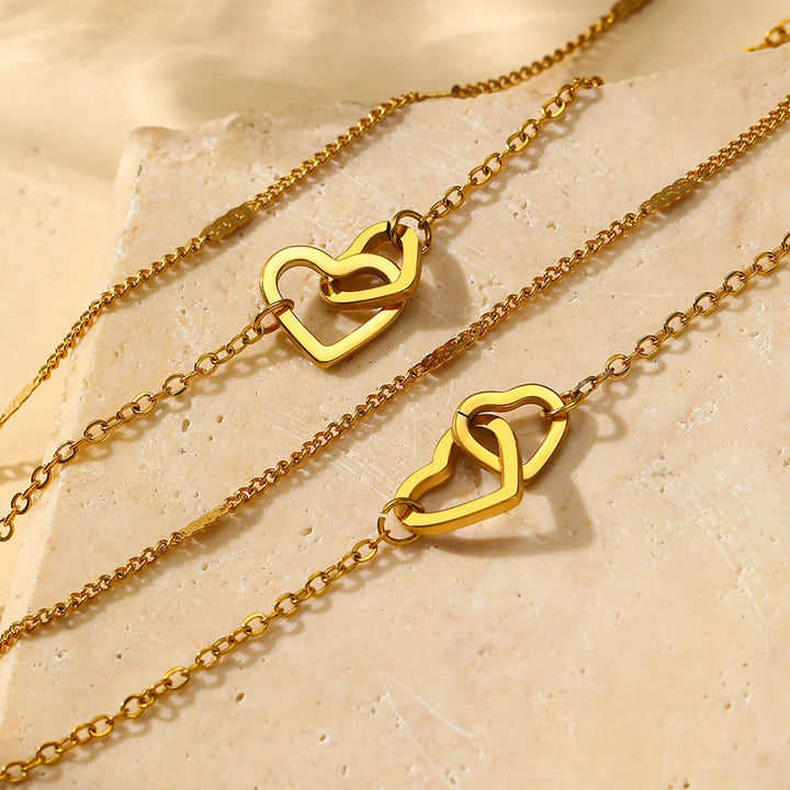 BowLift | Dainty Curb & Chain Link Dual Heart Necklace and Bracelet Set