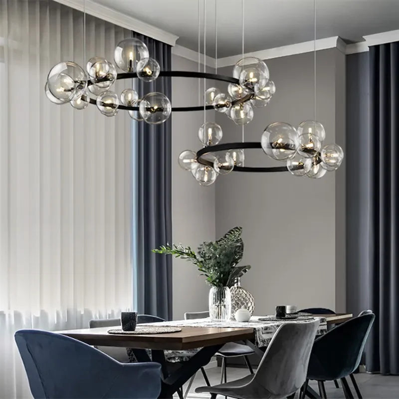 BowLift | Modern Creative Metal Chandelier Lighting: 7/10 Clear Glass Bubbles, Long Round Design with G9 Light Fixture