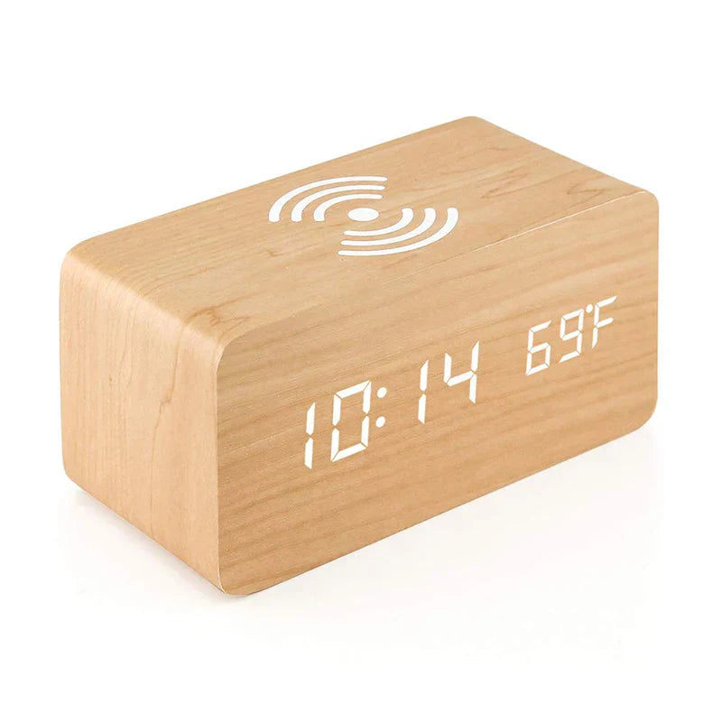 Minimalist LED wooden clock with temperature display, wireless charging function and digital time display – Ideal for bedroom and office | Bowlift