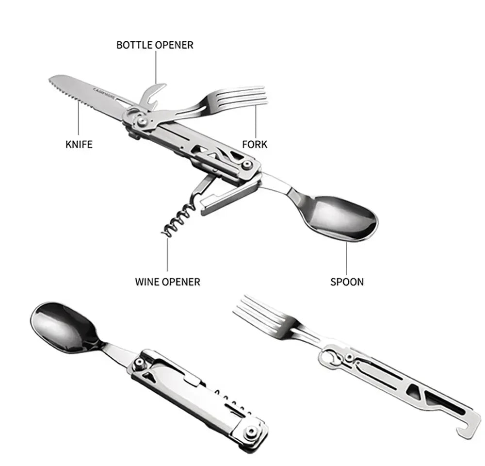 BowLift | GearSpork Outdoor cutlery 6-in-1 | Foldable multifunctional cutlery made of stainless steel | Knife, fork, spoon, can opener & bottle opener | For camping & trekking