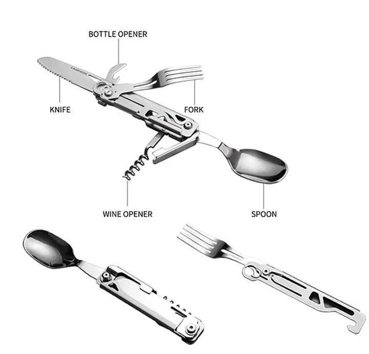 BowLift | GearSpork Outdoor cutlery 6-in-1 | Foldable multifunctional cutlery made of stainless steel | Knife, fork, spoon, can opener & bottle opener | For camping & trekking