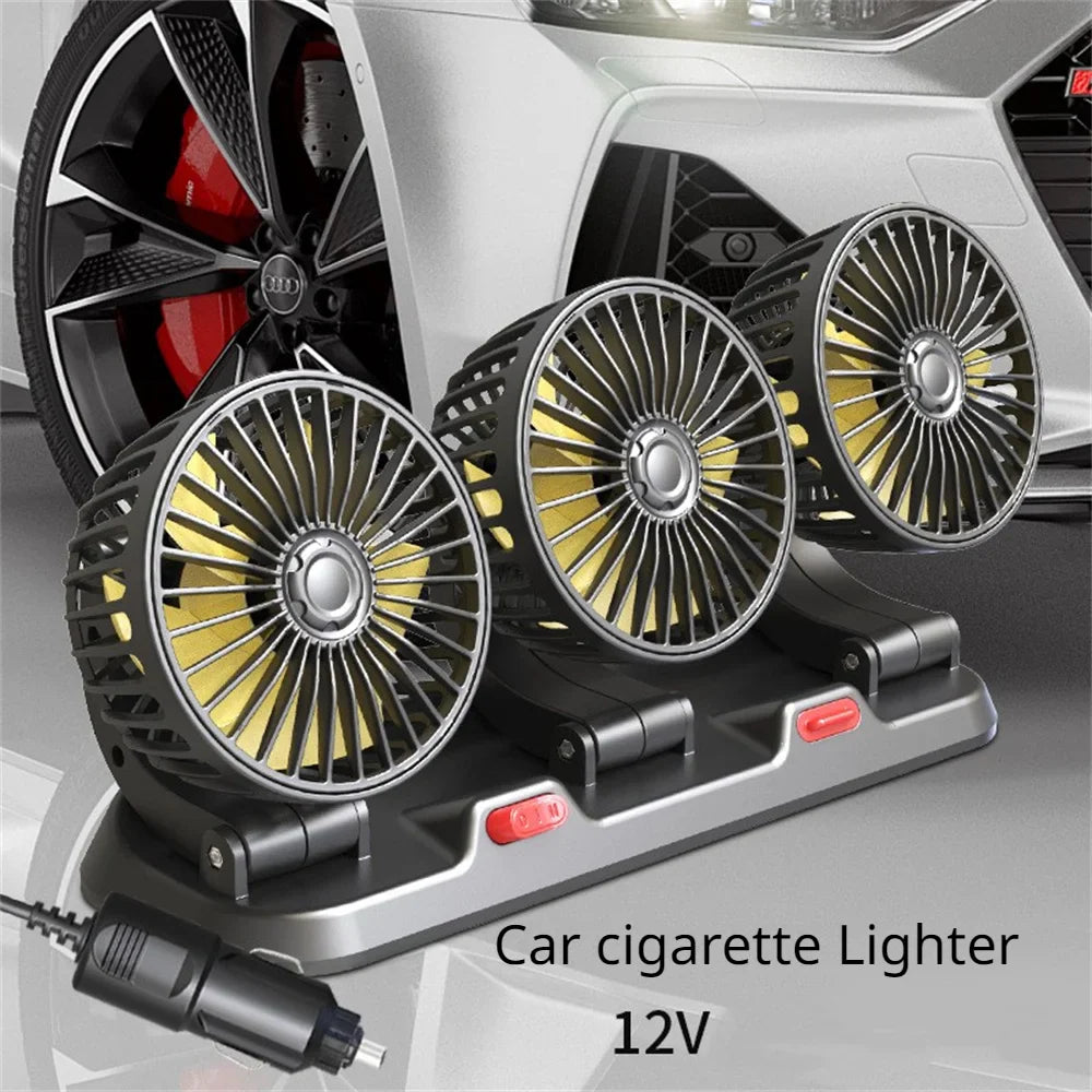 360° Adjustable Car Fan - 3-Head Automotive Electric Fan - USB/12V/24V - 2 Speeds - Silent Cooling for Home, Desk, Office & Car | Bowlift