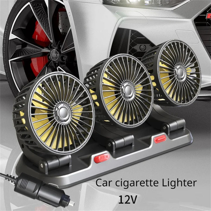 360° Adjustable Car Fan - 3-Head Automotive Electric Fan - USB/12V/24V - 2 Speeds - Silent Cooling for Home, Desk, Office & Car | Bowlift