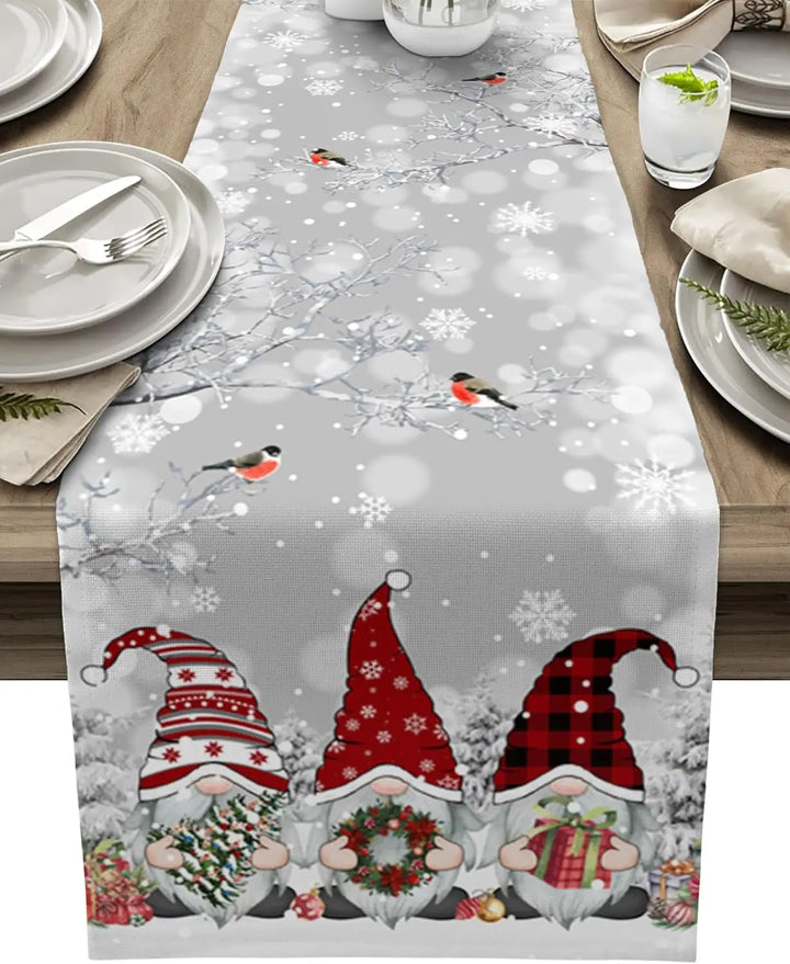 BowLift | SnowGnome Christmas Table Runner – Luxe Linen Table Runner with Snowflake and Gnome Design