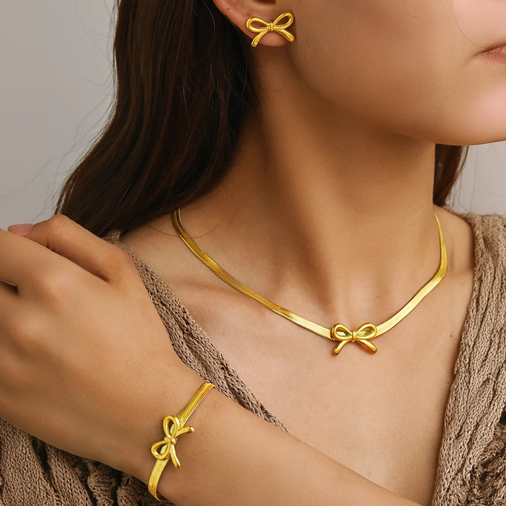 BowLift | Feminine Bow Herringbone Chain Necklace, Bracelet, and Earring Set