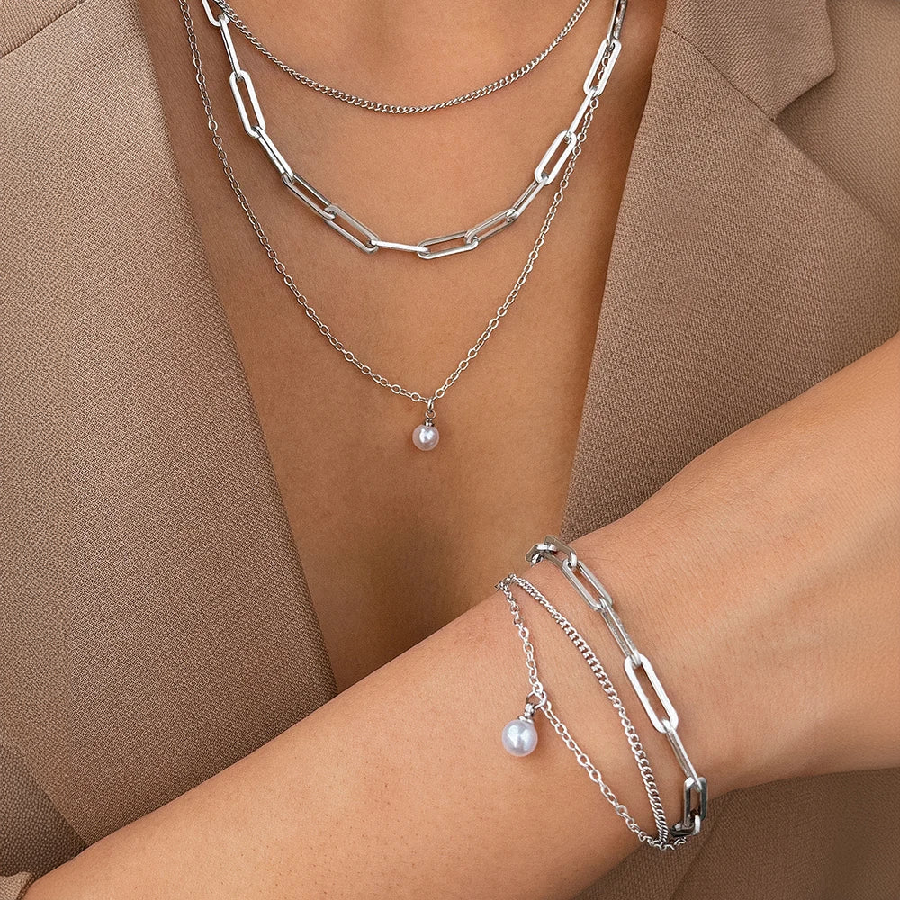 BowLift | Paperclip & Curb Chain Dainty Pearl Bracelet and Necklace Stack Set