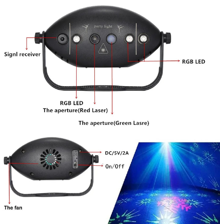 BowLift | RGB Disco Lights Stage DJ Party Laser Projector - Strobe Club Home Holiday Decoration Lamp for Party Mood