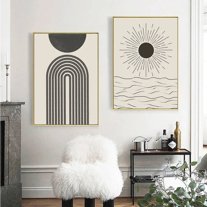 Sun Sea Circles Minimalist Line Art Black White Wall Art Fine Art Canvas Prints Pictures For Modern Living Room Bedroom Home Decor | Bowlift