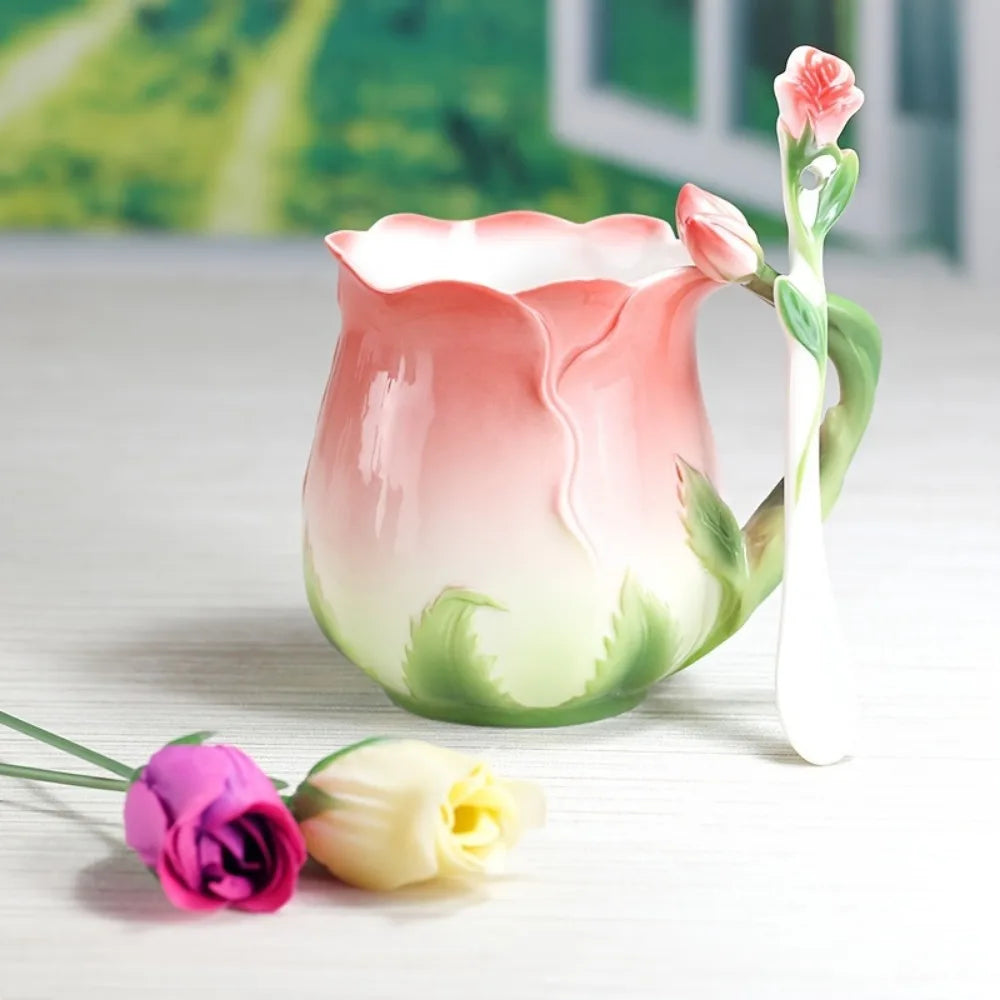 BowLift | 3D Rose Flower Coffee Mug Ceramic Coffee Mugs Cute Aesthetic Water Cups with Spoon Summer Winter Drinking Utensils Valentine's Day Gifts