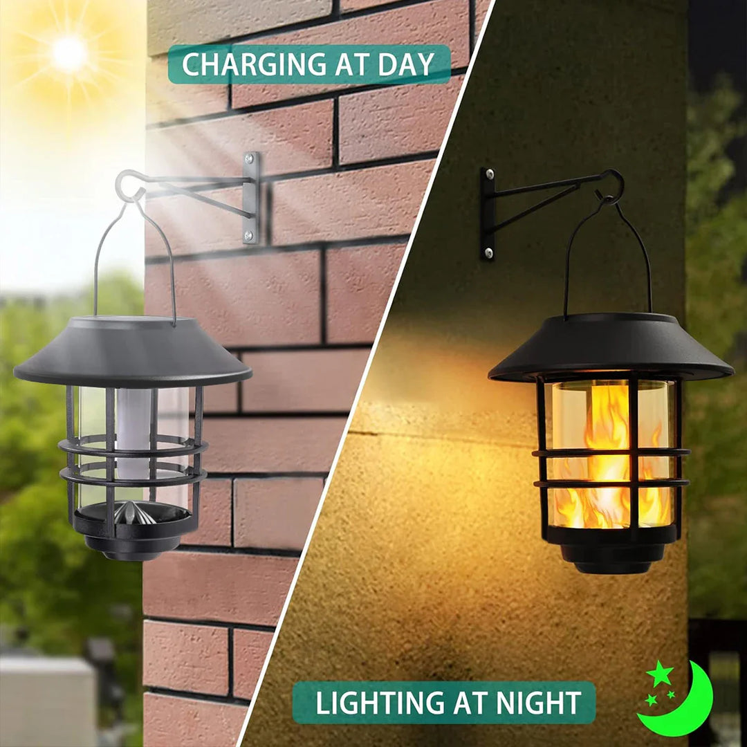 BowLift | Flammora Solar Pendant Light with Flame Effect | IP65 Waterproof | Stainless Steel & Glass | For Garden, Fence & Terrace
