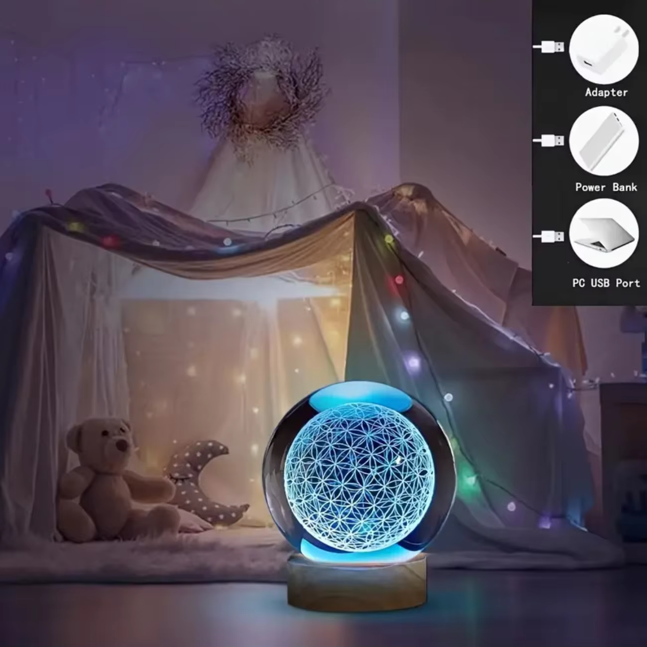BowLift | Enchanting 3D Flower of Life Crystal Ball with Color-Changing USB Nightlight