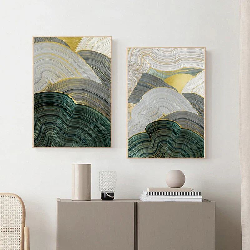 Green Beige Gray Flowing Swirls Abstract Wall Art Fine Art Canvas Prints Pictures For Modern Apartment Dining Room Living Room Art Decor | Bowlift
