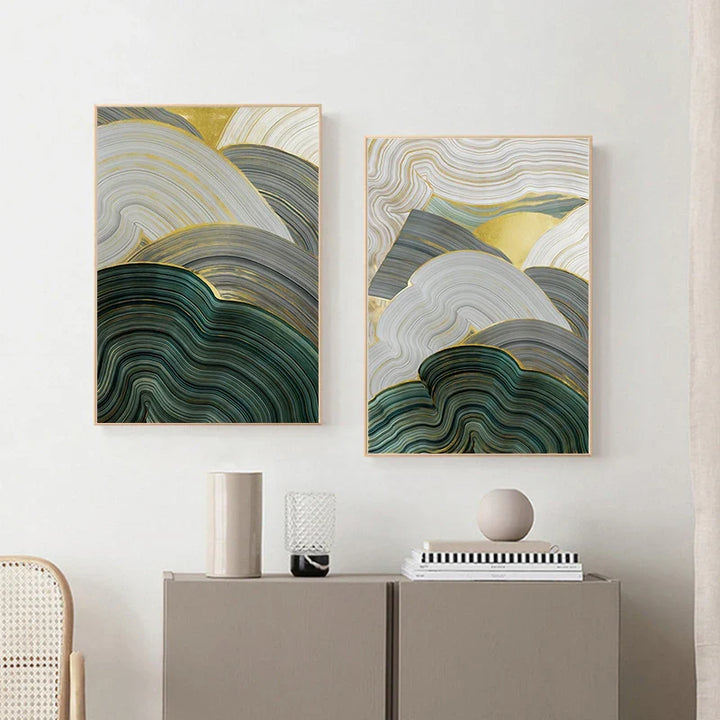 Green Beige Gray Flowing Swirls Abstract Wall Art Fine Art Canvas Prints Pictures For Modern Apartment Dining Room Living Room Art Decor | Bowlift