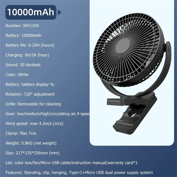 BowLift | AerisClip Battery Fan | 360° Rotation | 10000mAh | With Clip & USB-C