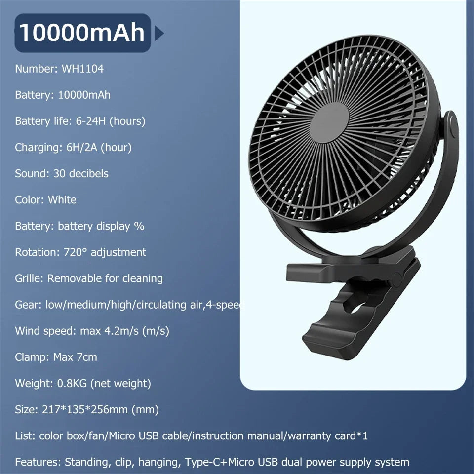 BowLift | AerisClip Battery Fan | 360° Rotation | 10000mAh | With Clip & USB-C