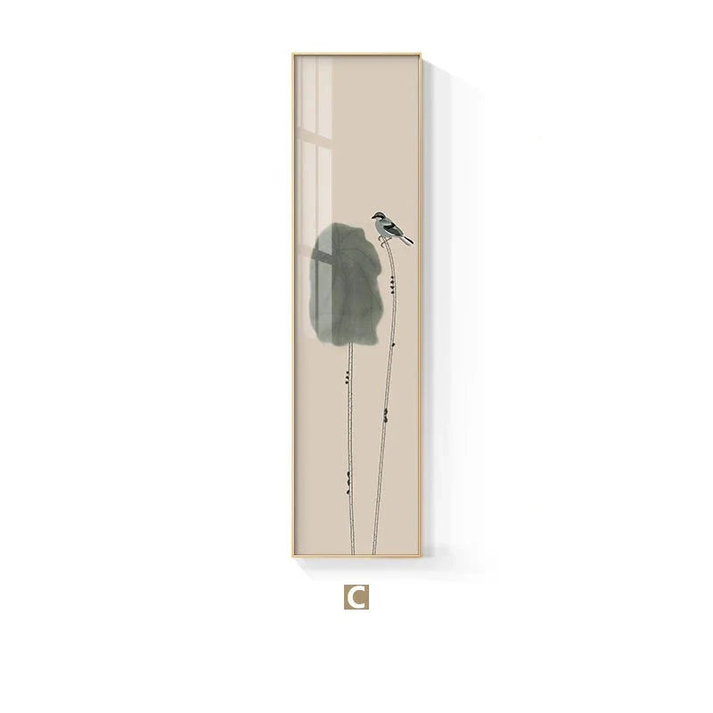 Minimalist Floral Birds & Butterfly Wall Art Fine Art Canvas Prints Tall Vertical Format Pictures For Foyer Lobby Reception Room Art Decor | Bowlift