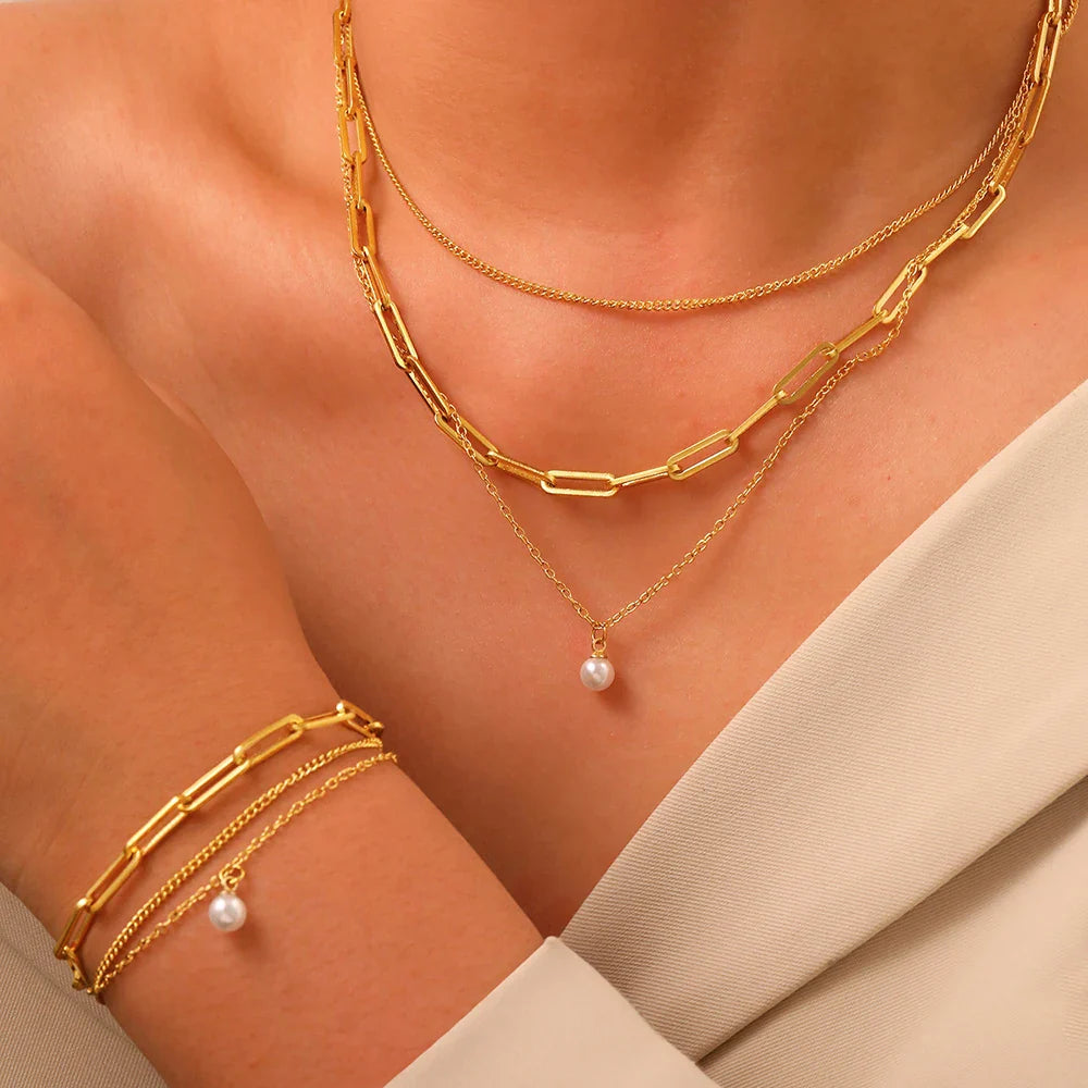 BowLift | Paperclip & Curb Chain Dainty Pearl Bracelet and Necklace Stack Set