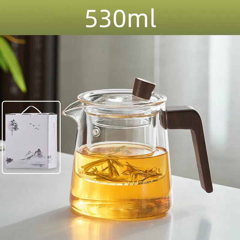BowLift | GIANXI Retro Glass Teapot Wood Handle Chinese Tea Ceremony Transparent Teawear Set Cup Filter High Boron Silicon Pot  530ML