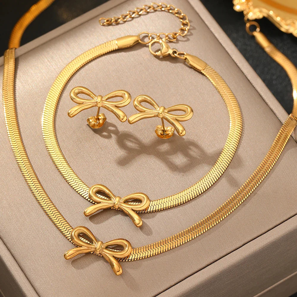 BowLift | Feminine Bow Herringbone Chain Necklace, Bracelet, and Earring Set