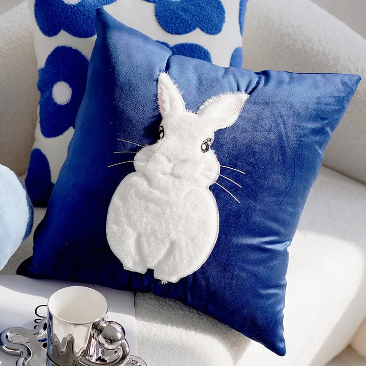 Blue & White Bunny & Flower Cushion Cover | Bowlift