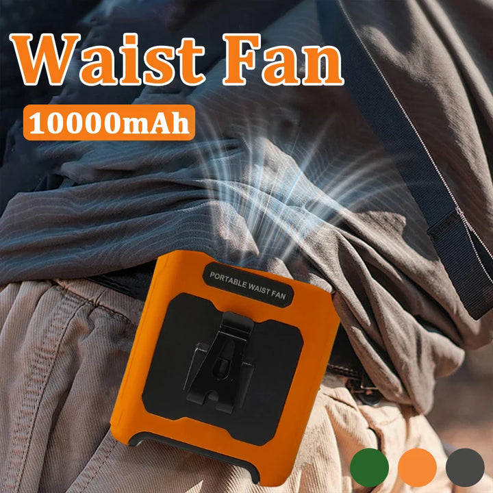 10000mAh Waist Clip Fan with Power Bank – Portable Hands-Free Rechargeable Fan | 5-Speed Cooling, Battery Display, USB Charging, Outdoor Wearable Fan | Bowlift