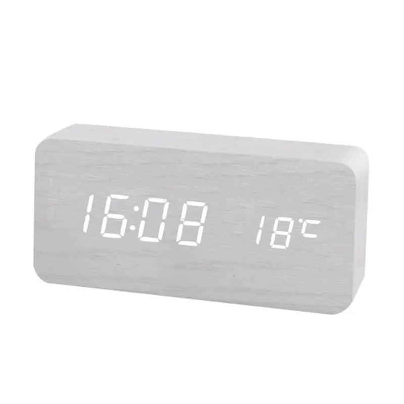 Minimalist LED wooden clock with temperature display, wireless charging function and digital time display – Ideal for bedroom and office | Bowlift