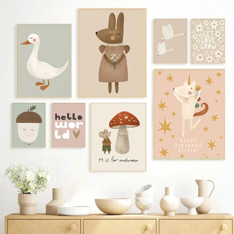 Cute Baby Animals Nursery Wall Art Illustrations Fine Art Canvas Prints Geese Mouse Lion Polar Bear Poster Pictures For Baby's Room Wall Decor | Bowlift