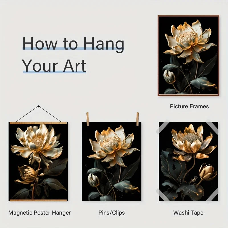Black Golden Floral Wall Art Fine Art Canvas Prints Modern Botanical Pictures For Living Room Bedroom Light Luxury Home Decor | Bowlift